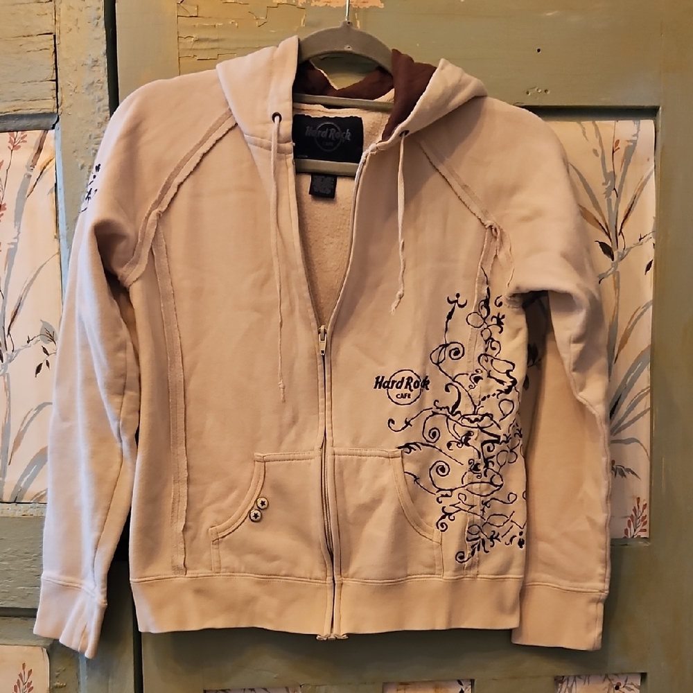 Hard Rock Cafe Beige Hoodie with Floral Design